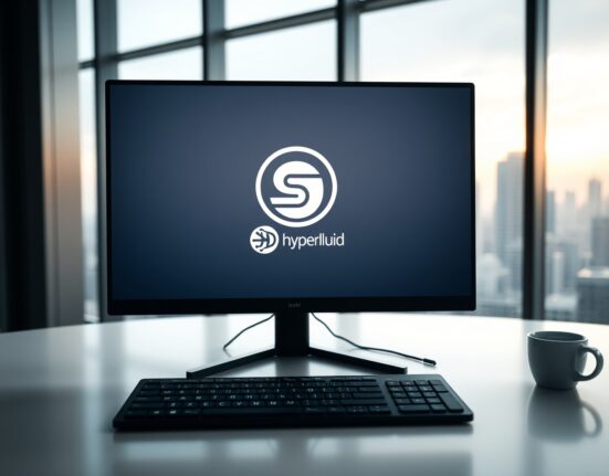 A computer monitor displaying a USDC treasury wallet interface with Hyperliquid branding in a modern office setting.