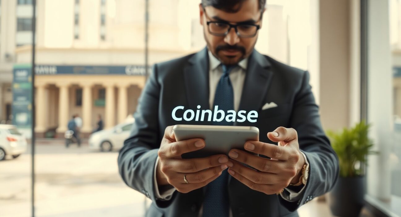 Person using a smartphone with Coinbase app for Indian Rupee transactions in a modern office setting.