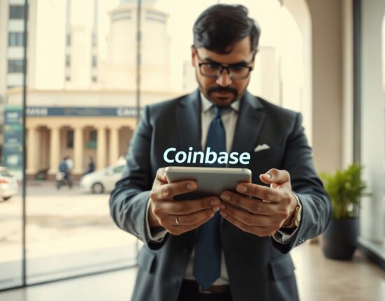 Person using a smartphone with Coinbase app for Indian Rupee transactions in a modern office setting.
