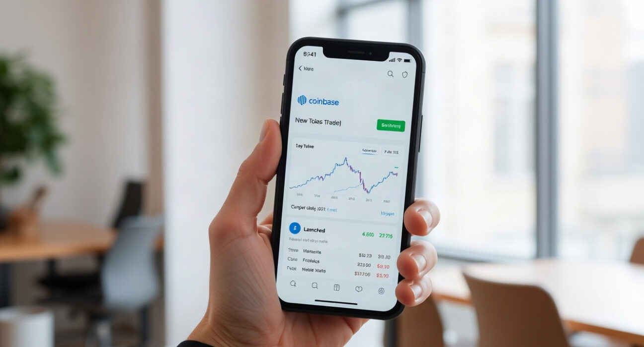 Close-up of a hand holding a smartphone showing the Coinbase app with a token trading interface
