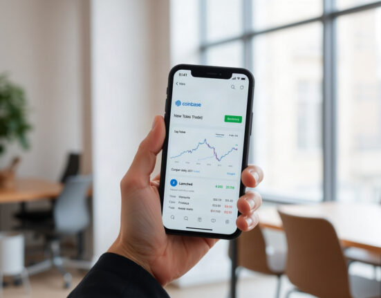 Close-up of a hand holding a smartphone showing the Coinbase app with a token trading interface