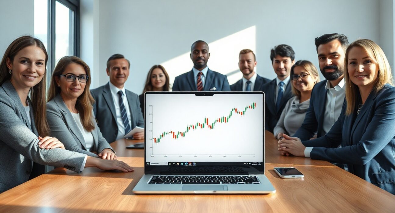 Institutional investors in a meeting room analyzing a Bitcoin price chart on a laptop.