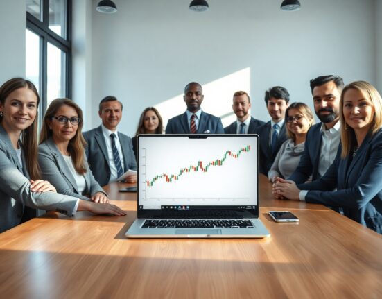 Institutional investors in a meeting room analyzing a Bitcoin price chart on a laptop.