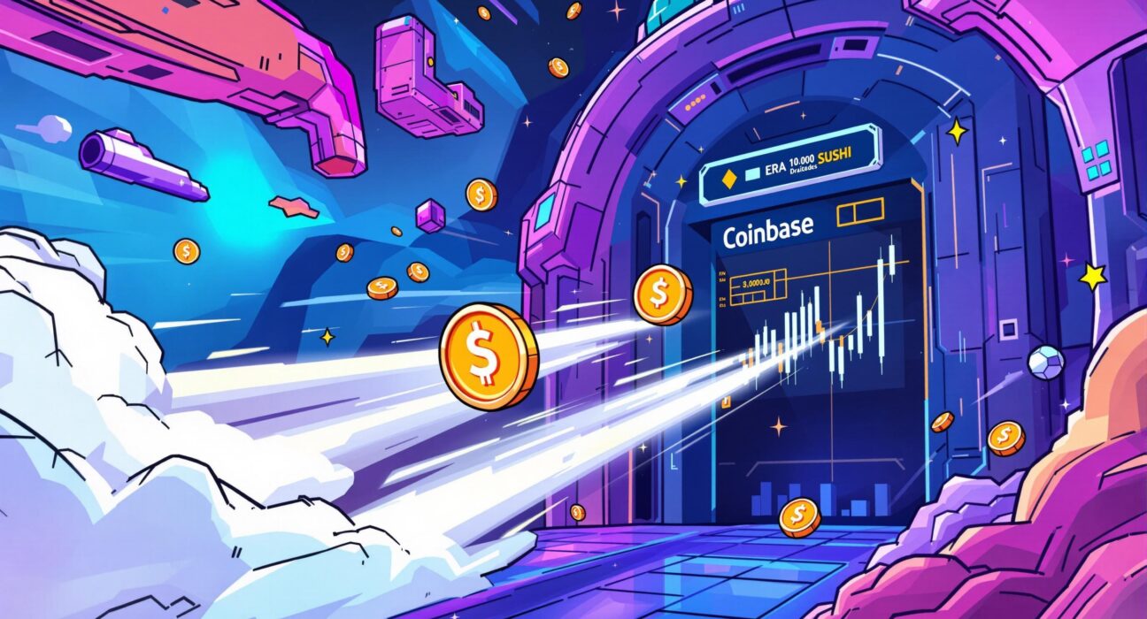 A cartoon illustration of new digital assets entering a trading exchange, symbolizing the expansion of Coinbase International perpetual futures.