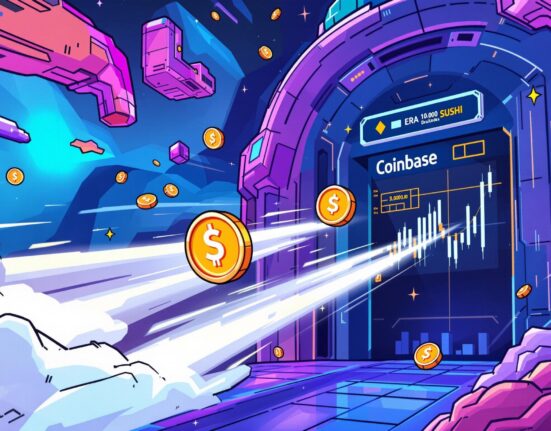 A cartoon illustration of new digital assets entering a trading exchange, symbolizing the expansion of Coinbase International perpetual futures.