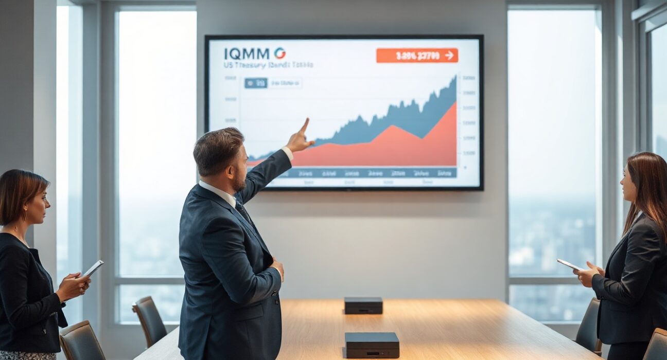 Financial professional presenting ProShares GENIUS Money Market ETF chart in a modern office meeting room