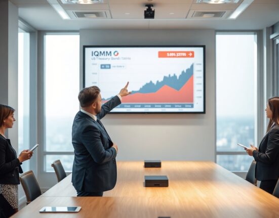 Financial professional presenting ProShares GENIUS Money Market ETF chart in a modern office meeting room