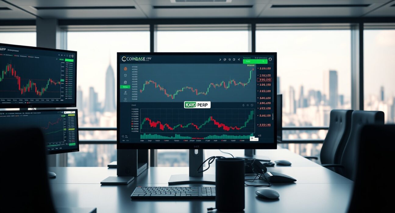 Trading monitor displaying Coinbase KAIO perpetual futures listing on a professional desk