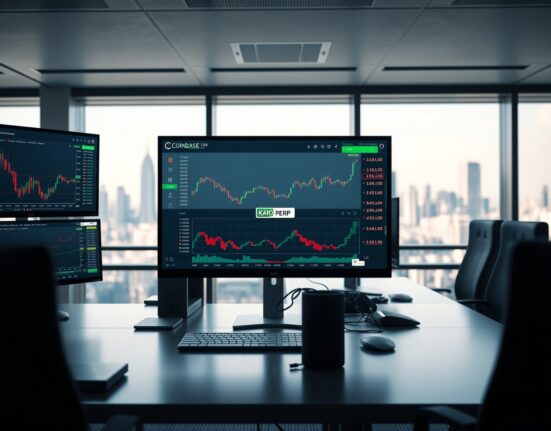 Trading monitor displaying Coinbase KAIO perpetual futures listing on a professional desk
