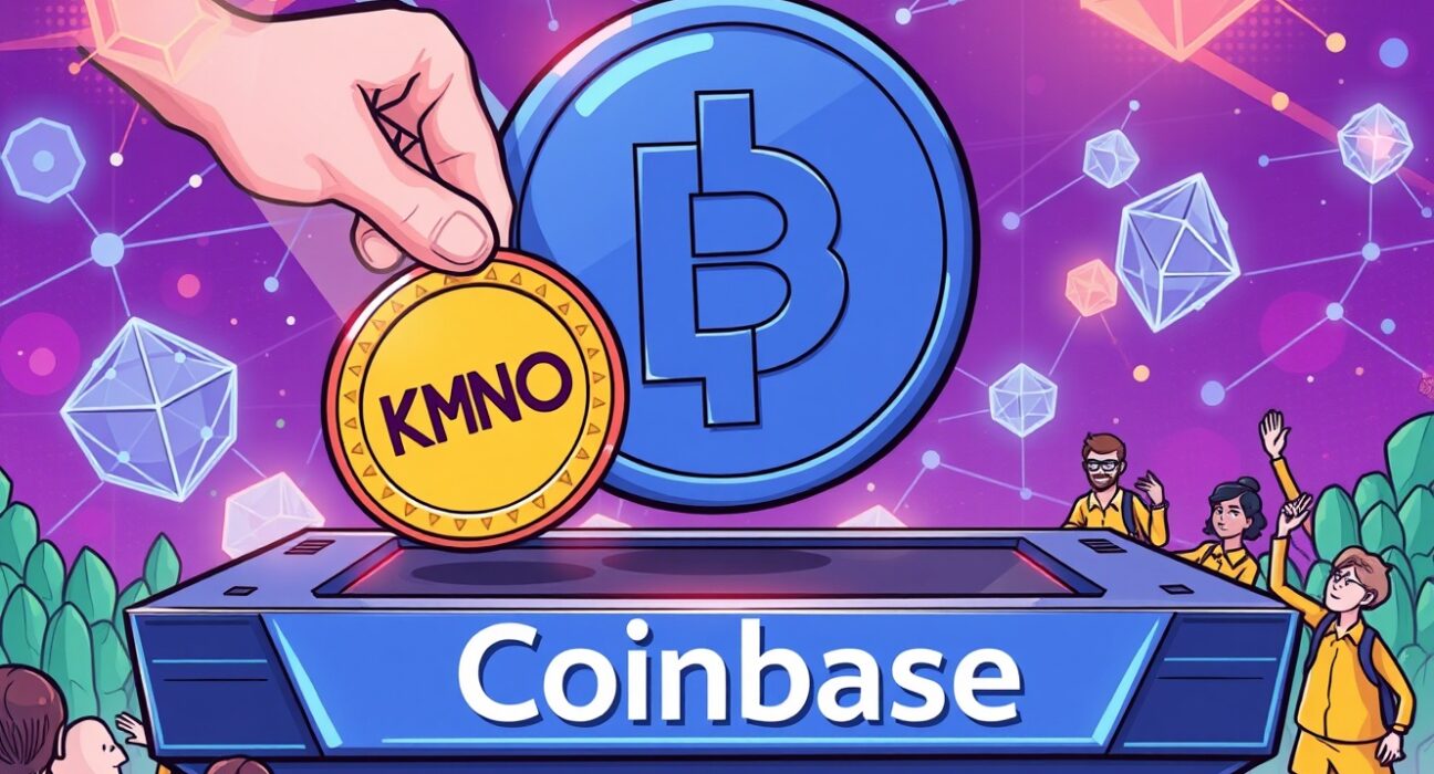 A cartoon illustration showing the significance of the Coinbase KMNO listing for the Solana DeFi ecosystem.