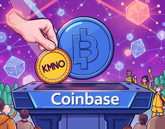 A cartoon illustration showing the significance of the Coinbase KMNO listing for the Solana DeFi ecosystem.