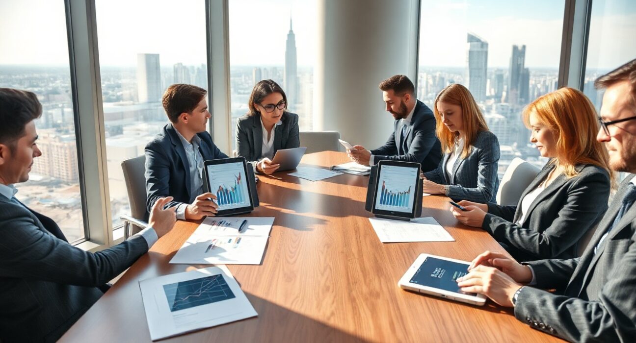 Business professionals in a meeting reviewing cryptocurrency documents and charts