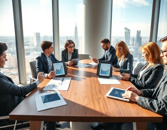 Business professionals in a meeting reviewing cryptocurrency documents and charts