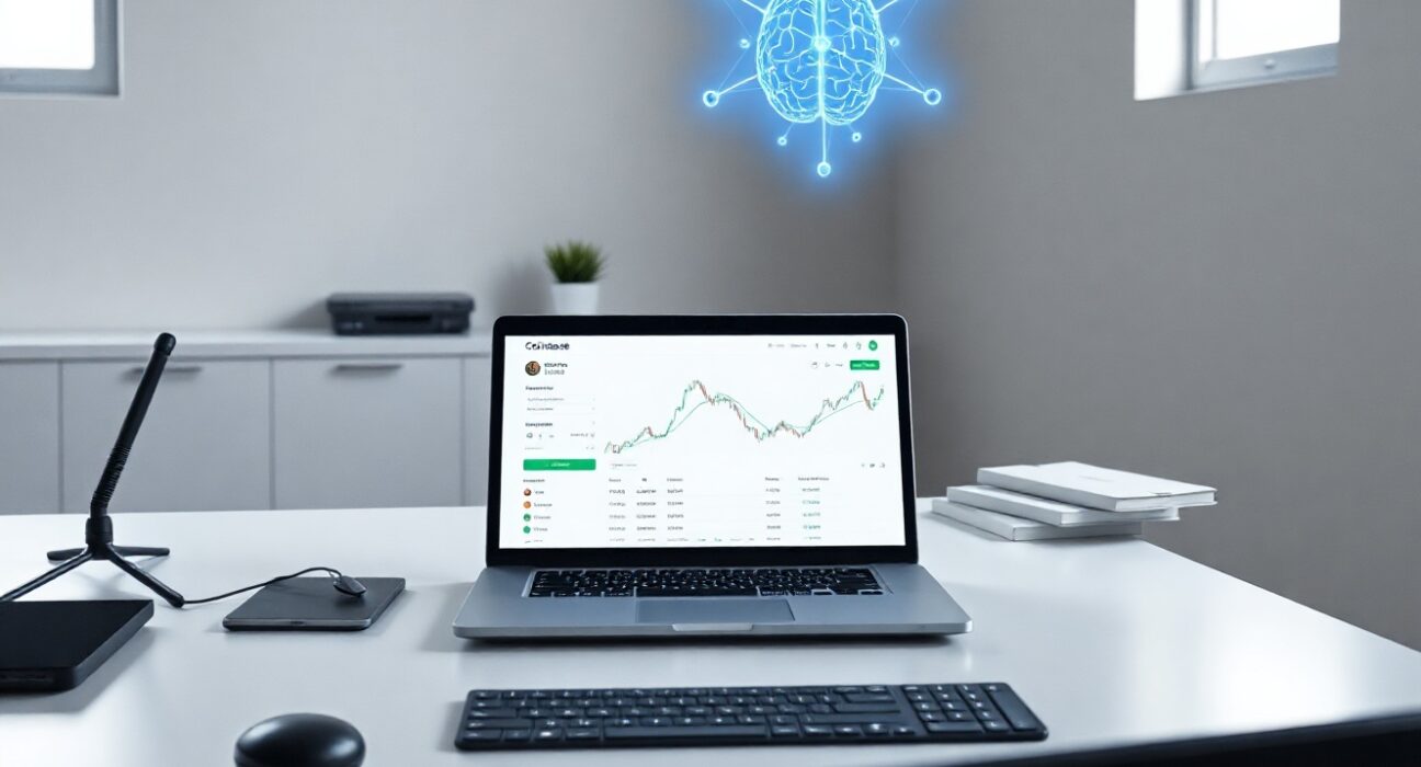 AI agent icon floating above a Coinbase trading dashboard on a laptop in a modern office
