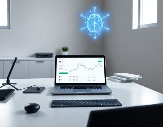 AI agent icon floating above a Coinbase trading dashboard on a laptop in a modern office