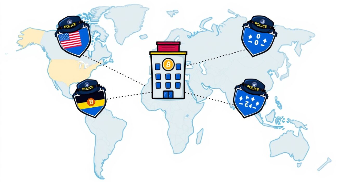 Cartoon illustration showing a surge in Coinbase law enforcement requests from countries around the globe.