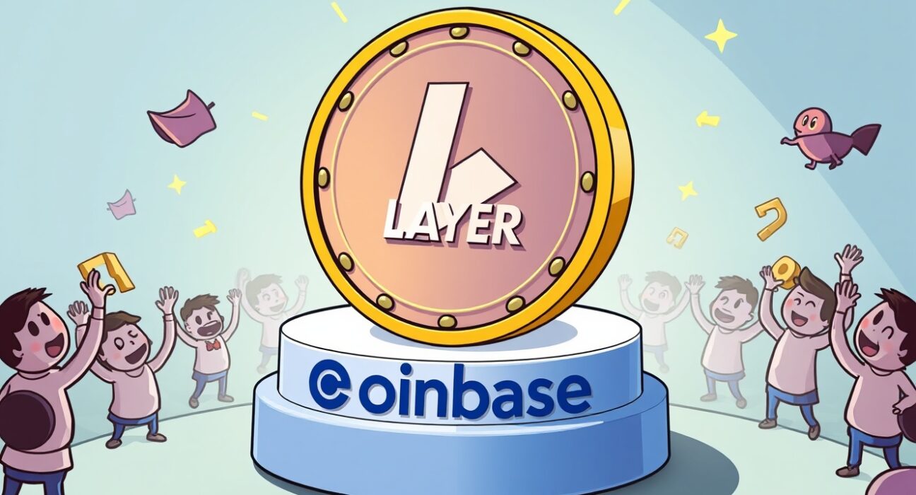 Cartoon image showing the excitement around the Coinbase LAYER listing and its potential impact on the crypto market.