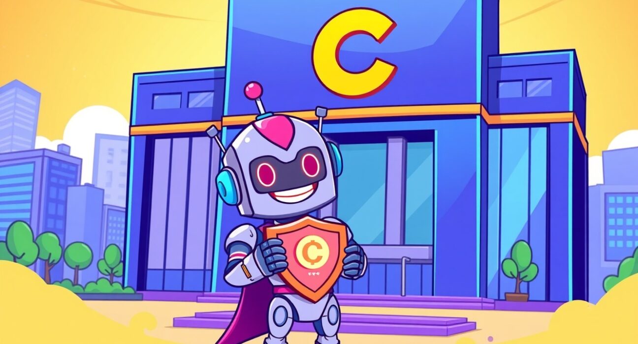 A cartoon robot celebrates Coinbase listing BEAM, a privacy-focused cryptocurrency token.