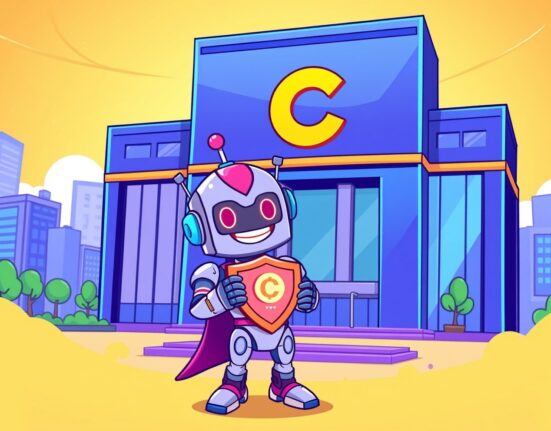 A cartoon robot celebrates Coinbase listing BEAM, a privacy-focused cryptocurrency token.