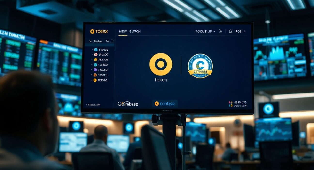 A cryptocurrency trading monitor displays the O token logo with a Coinbase listing badge in a professional trading environment.