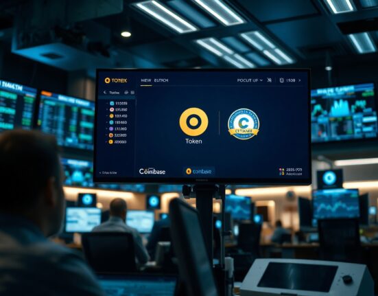 A cryptocurrency trading monitor displays the O token logo with a Coinbase listing badge in a professional trading environment.