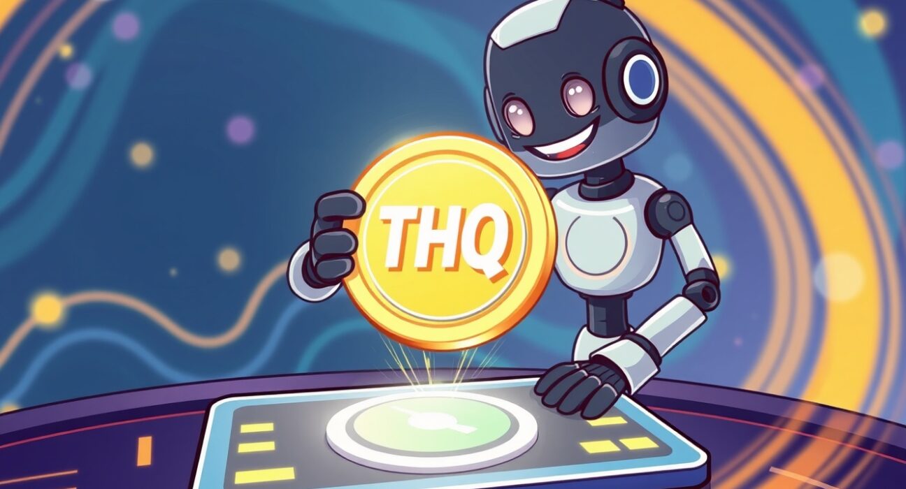 Cartoon illustration of THQ coin being listed on the Coinbase exchange platform, symbolizing new crypto opportunity.