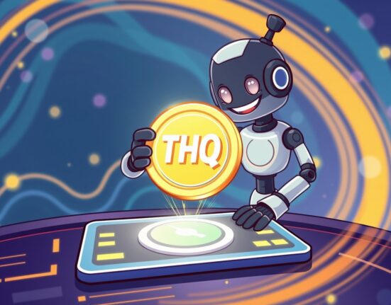 Cartoon illustration of THQ coin being listed on the Coinbase exchange platform, symbolizing new crypto opportunity.