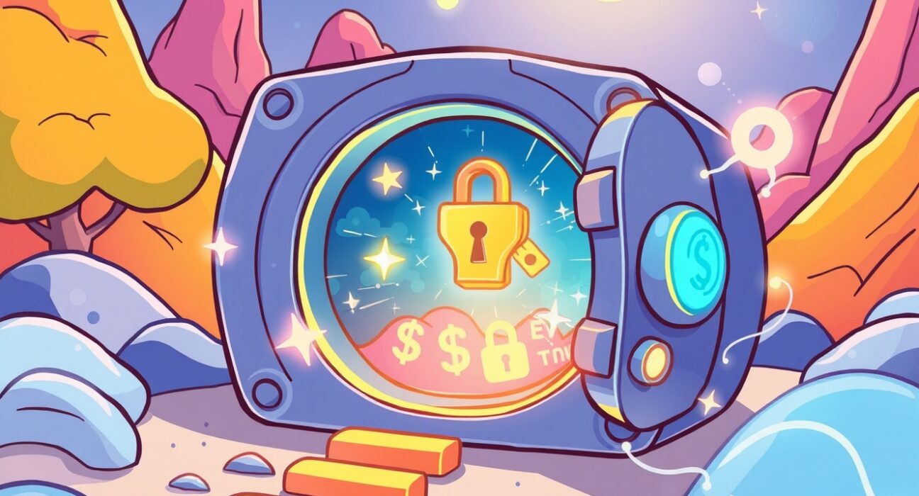 A cartoon vault opening to symbolize Coinbase listing the ZKP token and unlocking secure, private transactions.