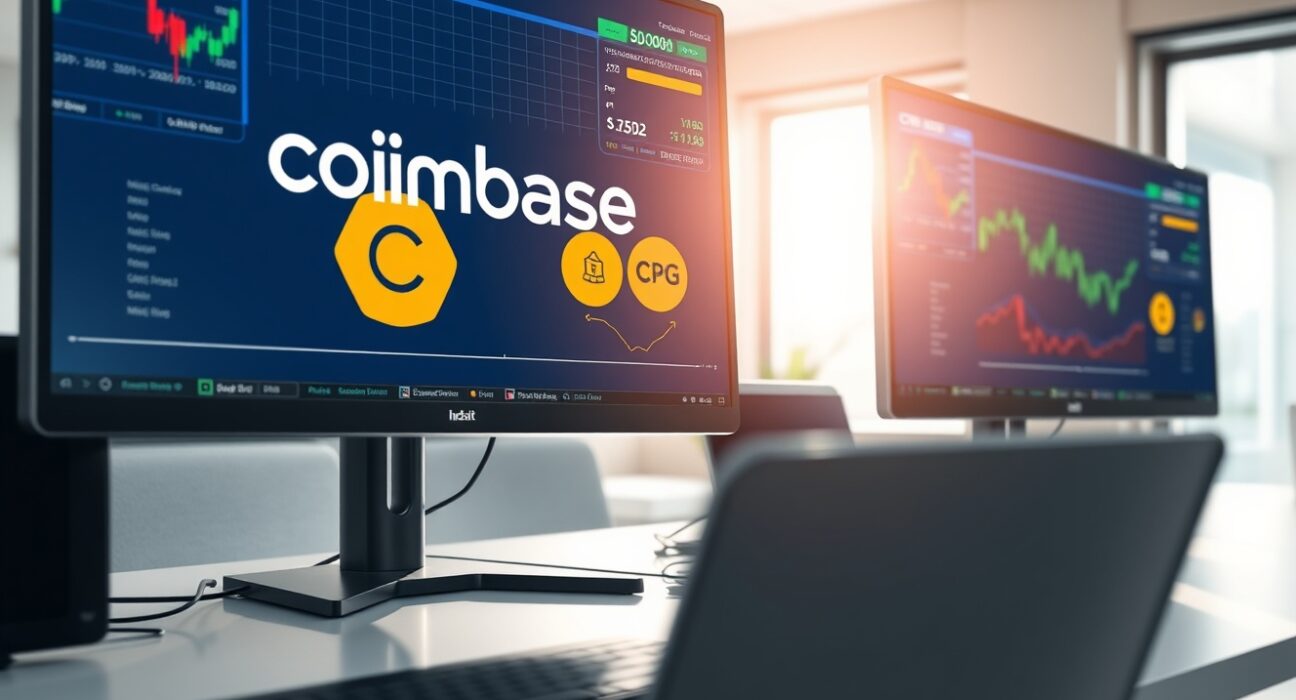 Coinbase exchange listing announcement for CHIP and OPG cryptocurrency tokens on trading desk monitors