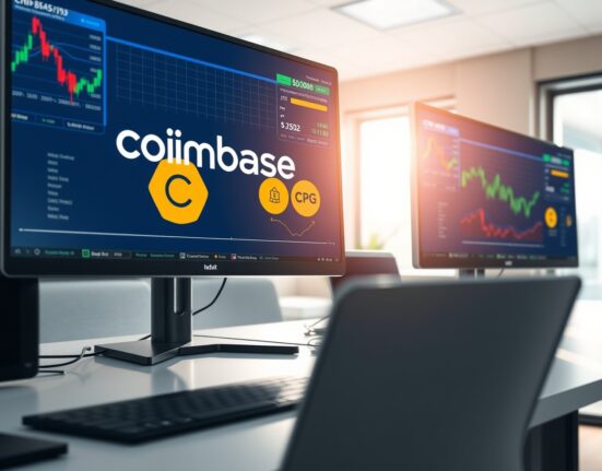 Coinbase exchange listing announcement for CHIP and OPG cryptocurrency tokens on trading desk monitors
