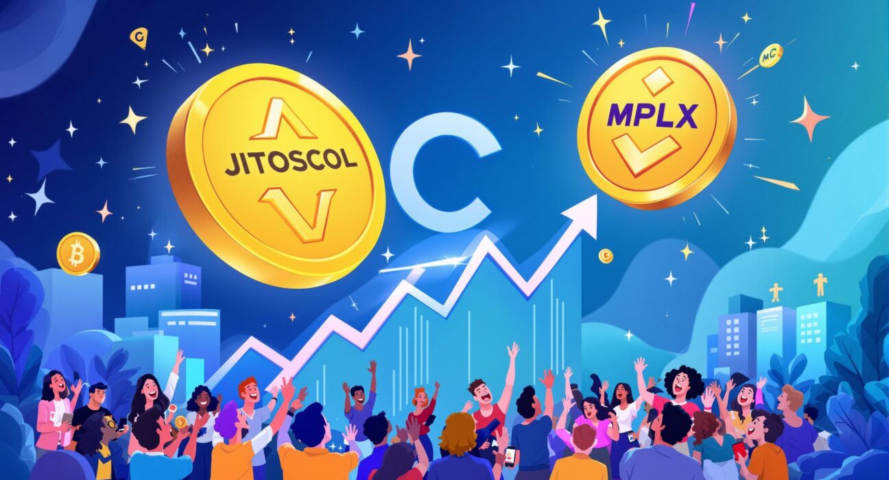 A cartoon illustration of two cryptocurrency tokens soaring, symbolizing the impact of a new Coinbase listing, with a diverse crowd of investors looking on excitedly.