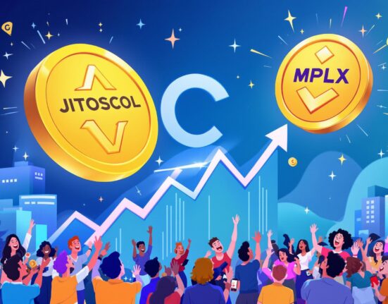 A cartoon illustration of two cryptocurrency tokens soaring, symbolizing the impact of a new Coinbase listing, with a diverse crowd of investors looking on excitedly.