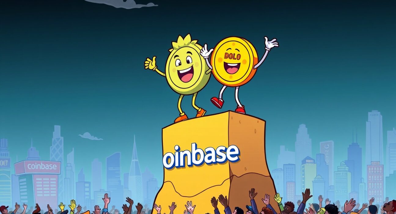 Cartoon illustration of new tokens arriving on a major exchange, symbolizing the exciting Coinbase listing of KMNO and DOLO.