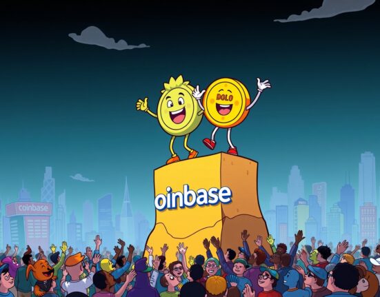 Cartoon illustration of new tokens arriving on a major exchange, symbolizing the exciting Coinbase listing of KMNO and DOLO.