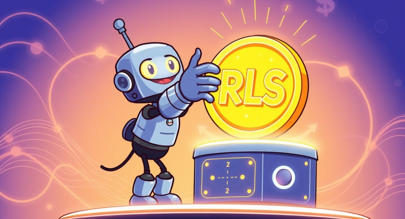 A vibrant cartoon illustration symbolizing the Coinbase listing RLS, showing a token being added to a major exchange platform.