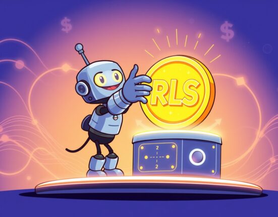 A vibrant cartoon illustration symbolizing the Coinbase listing RLS, showing a token being added to a major exchange platform.