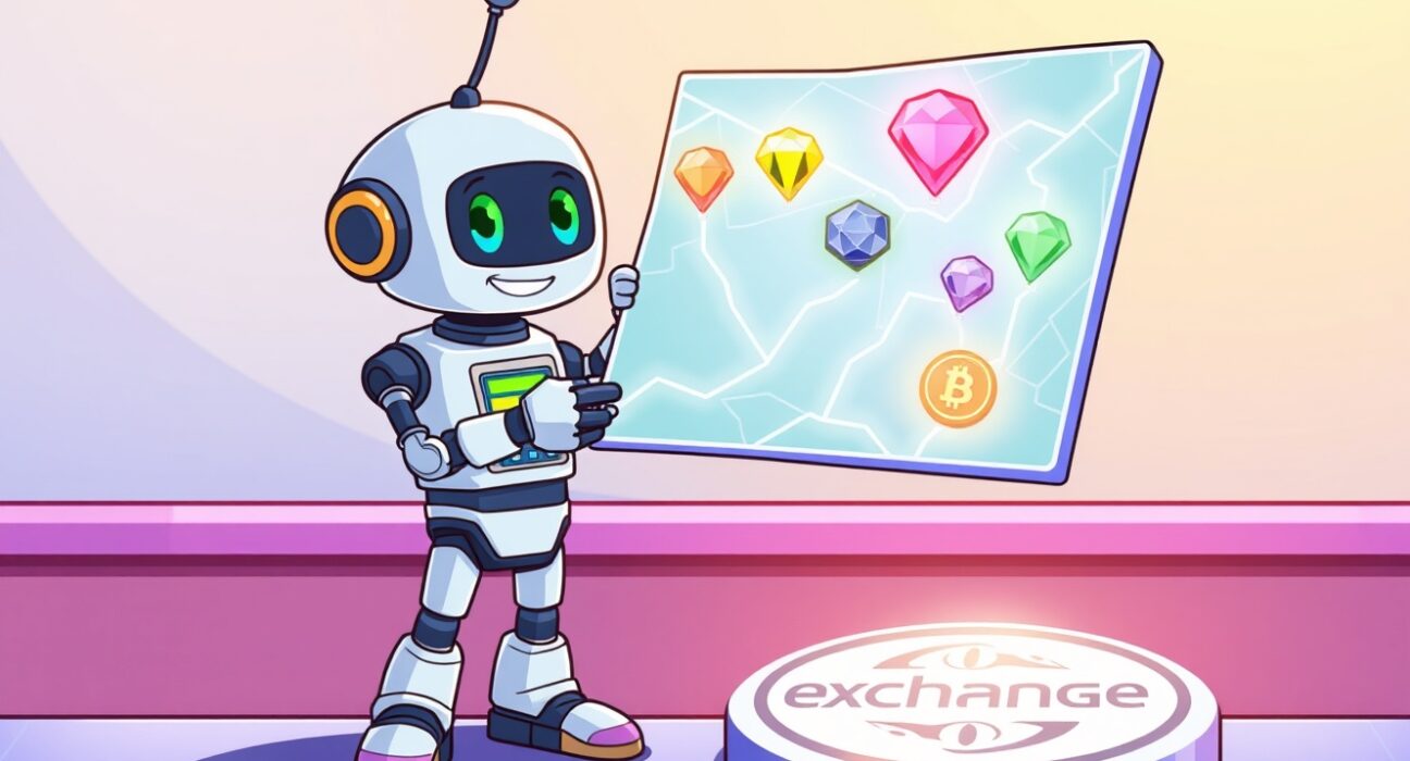 A cartoon robot excitedly explores a Coinbase listing roadmap pointing to five new crypto tokens.