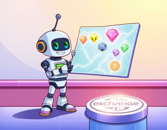 A cartoon robot excitedly explores a Coinbase listing roadmap pointing to five new crypto tokens.
