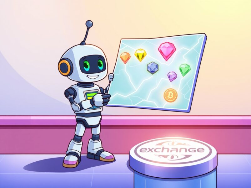 A cartoon robot excitedly explores a Coinbase listing roadmap pointing to five new crypto tokens.