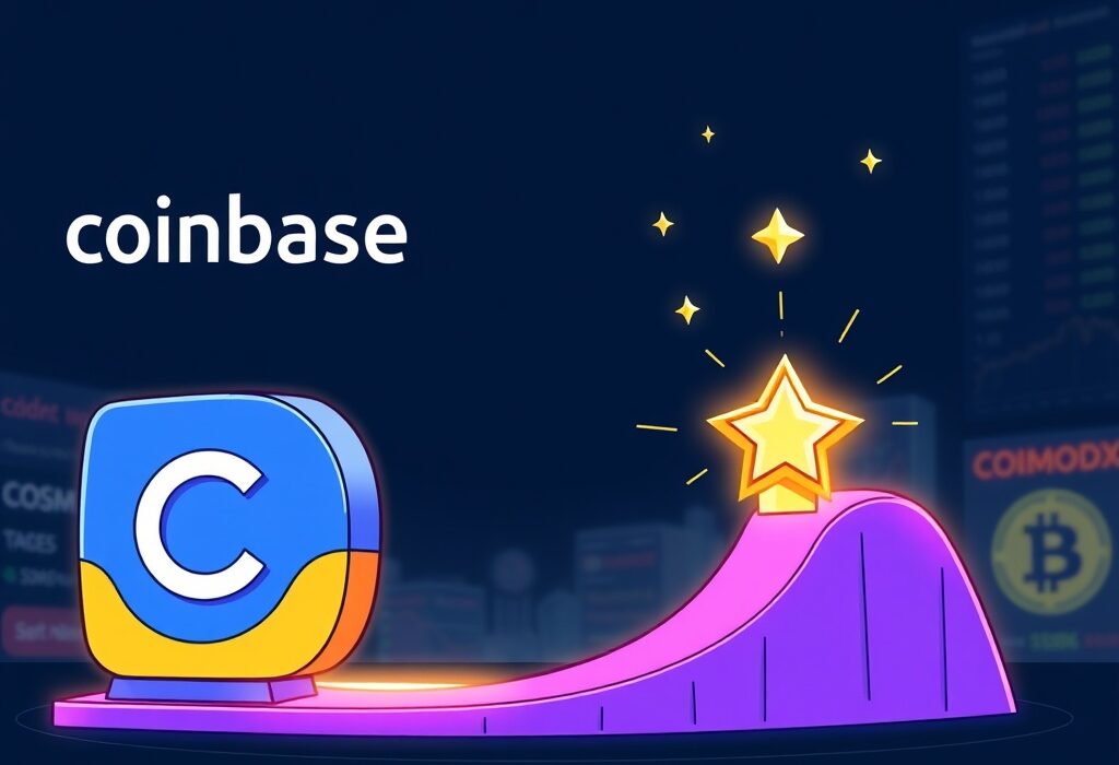 A cartoon illustration showing the Coinbase listing roadmap adding the COSMOSDYDX token, signifying new opportunities in crypto.