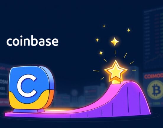 A cartoon illustration showing the Coinbase listing roadmap adding the COSMOSDYDX token, signifying new opportunities in crypto.