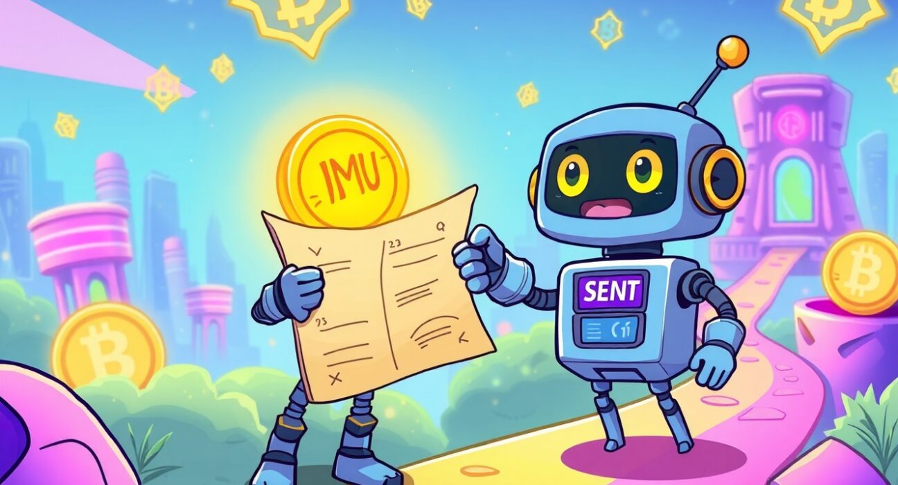 Coinbase listing roadmap illustrated as a treasure map leading to IMU and SENT token opportunities