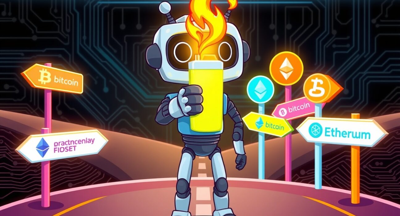 A cartoon robot holding a crypto-themed lighter at a crossroads, representing Coinbase listing roadmap decisions.