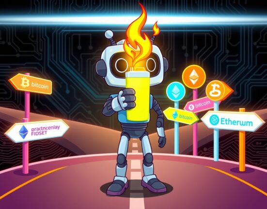 A cartoon robot holding a crypto-themed lighter at a crossroads, representing Coinbase listing roadmap decisions.