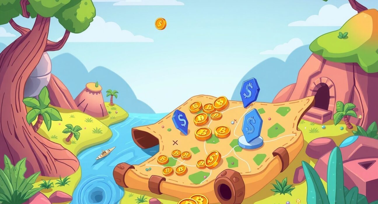 Coinbase listing roadmap illustrated as a vibrant treasure map with digital assets