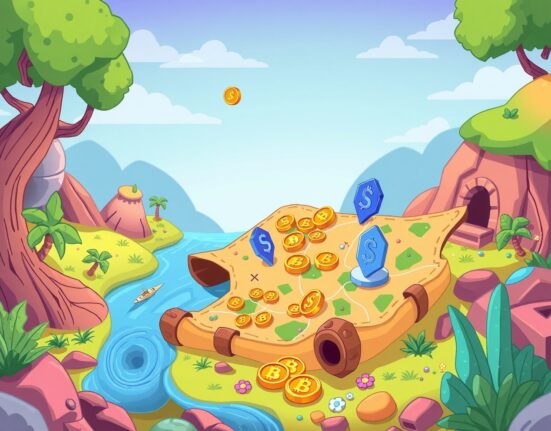 Coinbase listing roadmap illustrated as a vibrant treasure map with digital assets