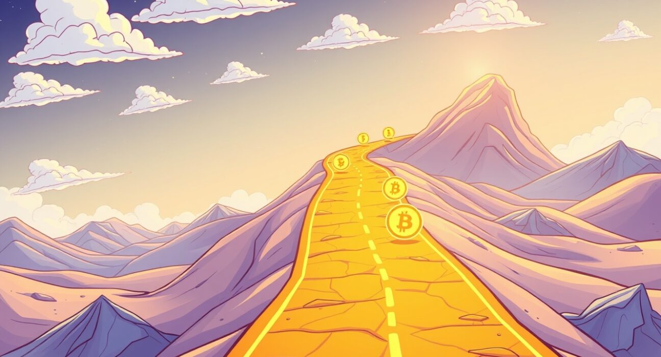 Coinbase listing roadmap illustrated as a vibrant path with cryptocurrency symbols emerging
