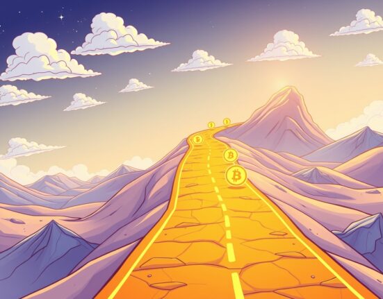Coinbase listing roadmap illustrated as a vibrant path with cryptocurrency symbols emerging