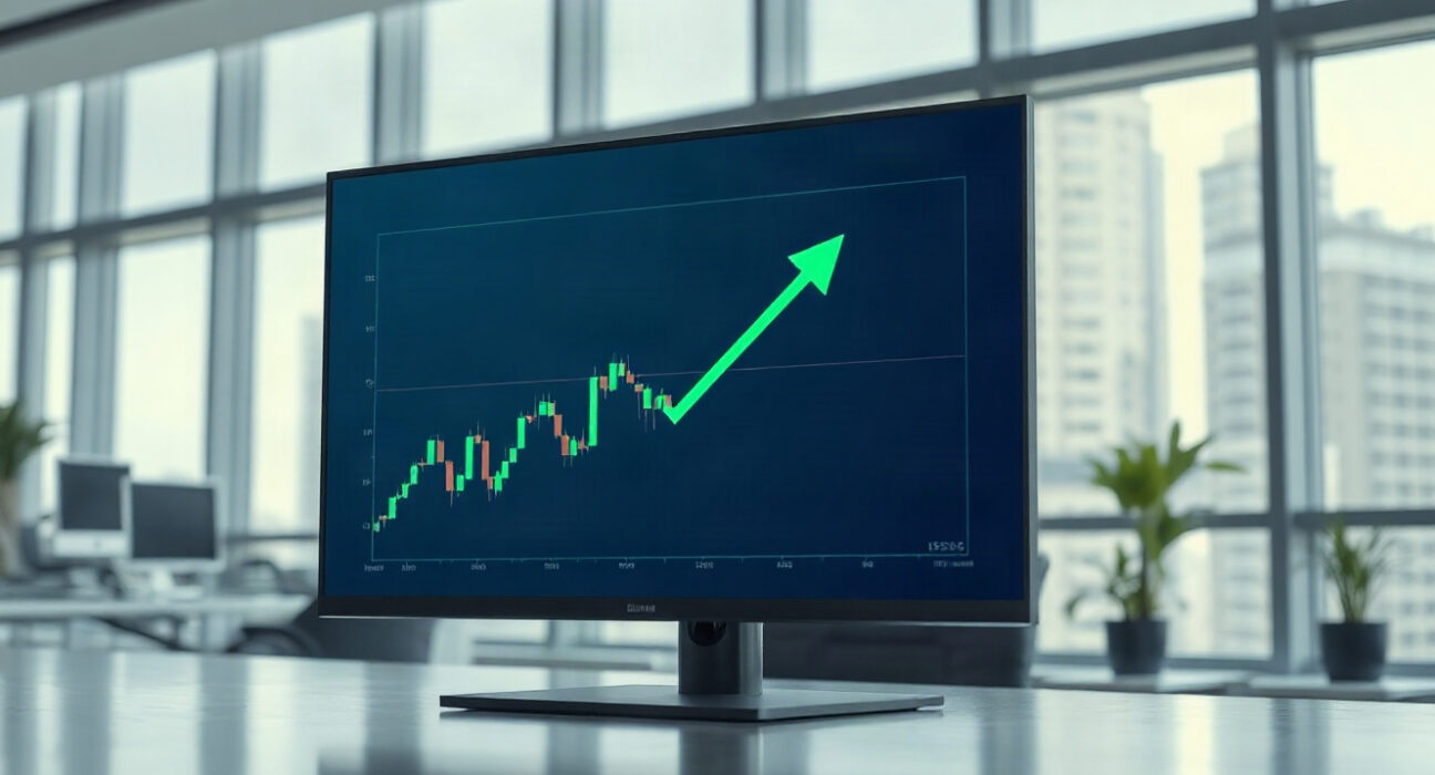 Coinbase trading interface showing ALIGN token listing on a monitor in a professional setting