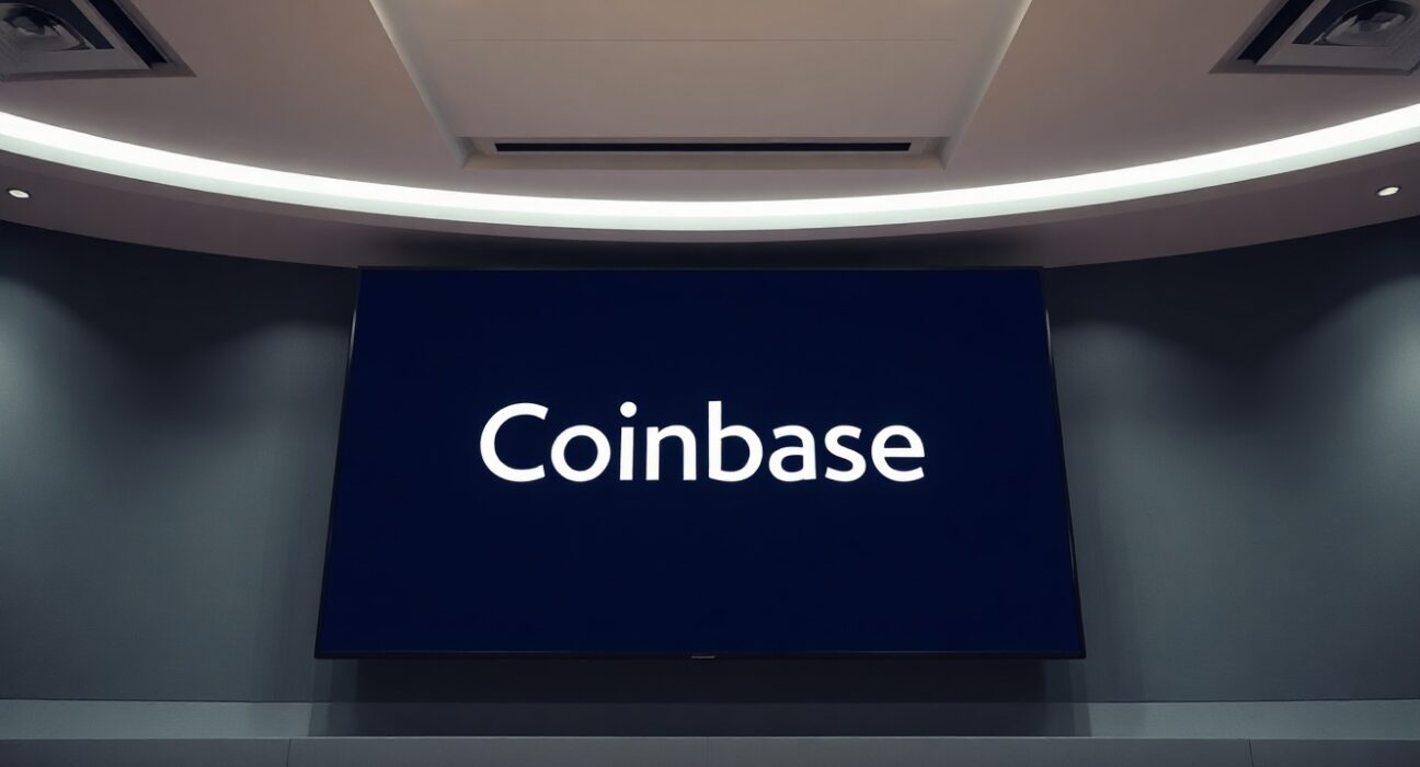 Coinbase logo displayed on a digital screen in a modern trading office